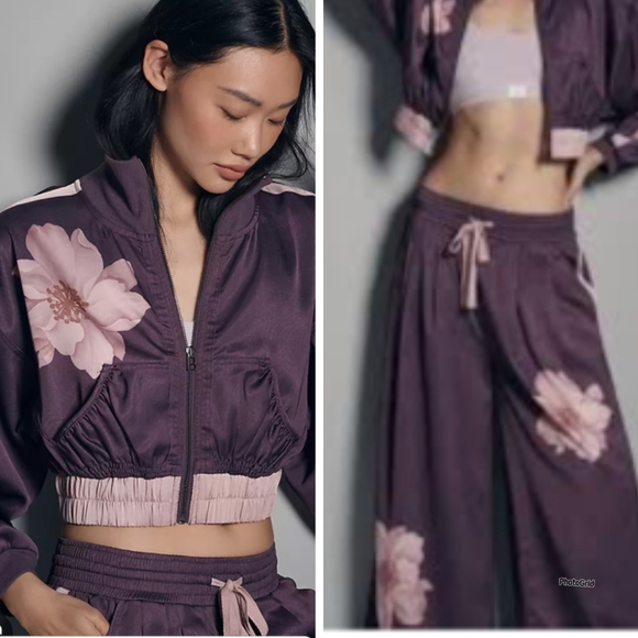 Two Lips Pants - Purple Satinny Floral Crop Bomber Jacket w/wideleg Track Pant match L